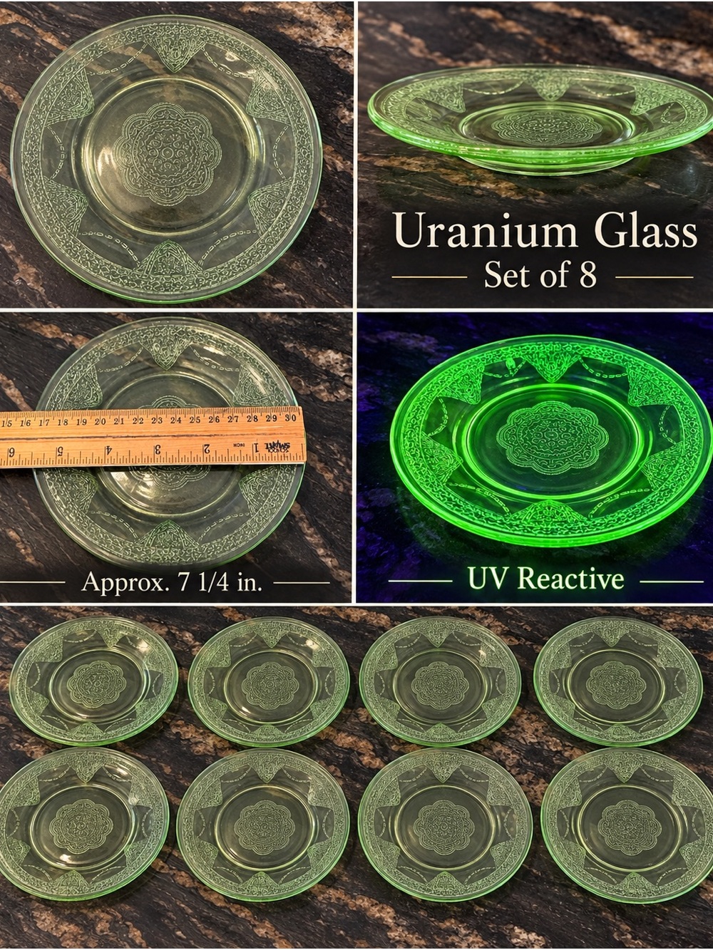 Vintage Green Uranium Glass Dessert Plates - Set of 8